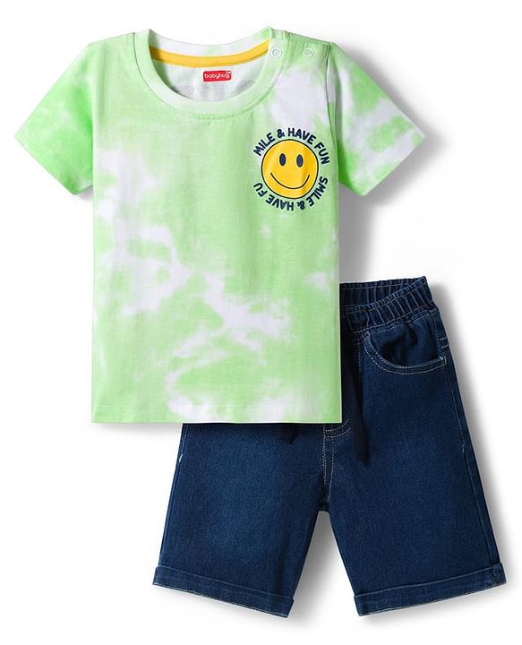 Babyhug Single Jersey Knit Half Sleeves T-Shirt & Shorts Set with Smiley Print - Light Green & Blue