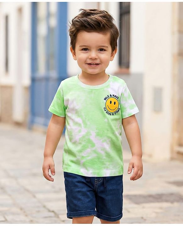 Babyhug Single Jersey Knit Half Sleeves T-Shirt & Shorts Set with Smiley Print - Light Green & Blue