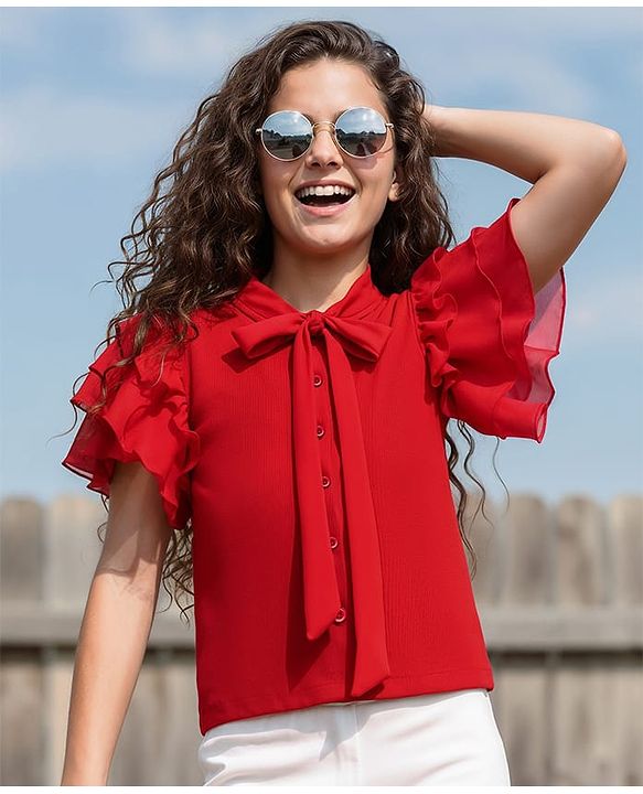 Pine Kids Cotton Lycra Knit Half Sleeves Solid Top - Red