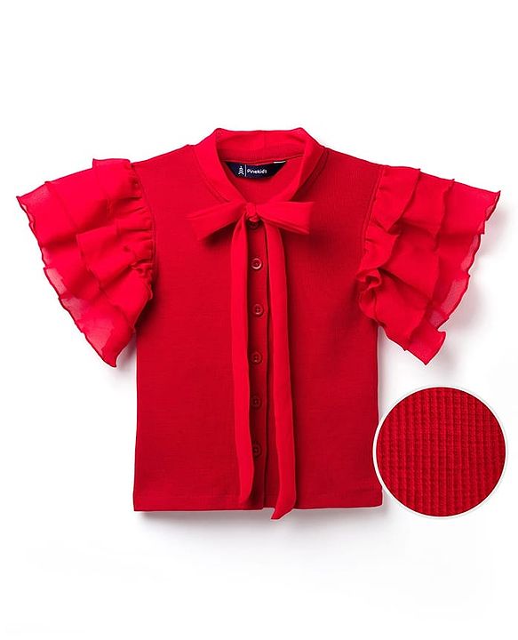 Pine Kids Cotton Lycra Knit Half Sleeves Solid Top - Red