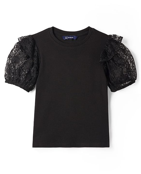 Pine Kids Cotton Lycra Knit Half Sleeves Solid Top with Lace Detailing - Black