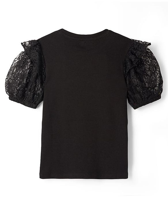 Pine Kids Cotton Lycra Knit Half Sleeves Solid Top with Lace Detailing - Black