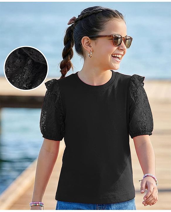 Pine Kids Cotton Lycra Knit Half Sleeves Solid Top with Lace Detailing - Black