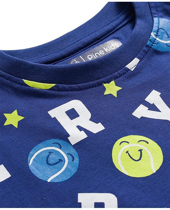 Pine Kids Single Jersey Knit Half Sleeves T-Shirt & Pajama Night Suit With Alphabet Print - Blue