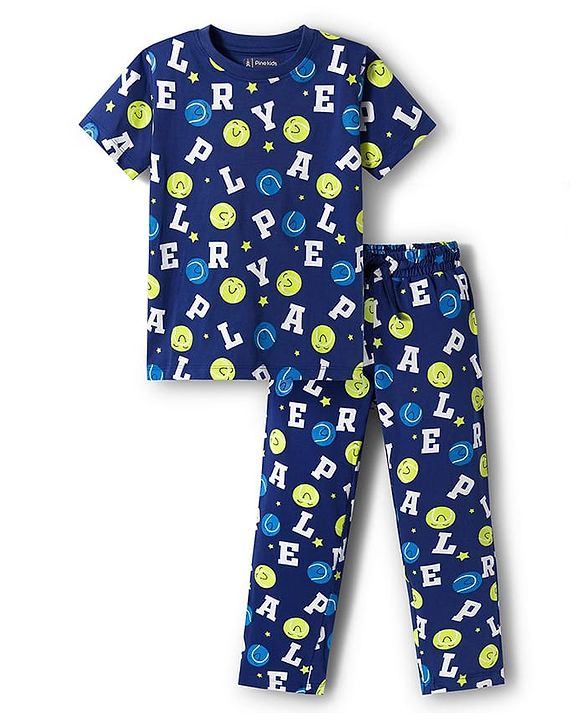 Pine Kids Single Jersey Knit Half Sleeves T-Shirt & Pajama Night Suit With Alphabet Print - Blue