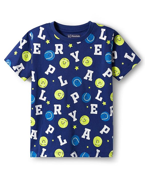 Pine Kids Single Jersey Knit Half Sleeves T-Shirt & Pajama Night Suit With Alphabet Print - Blue