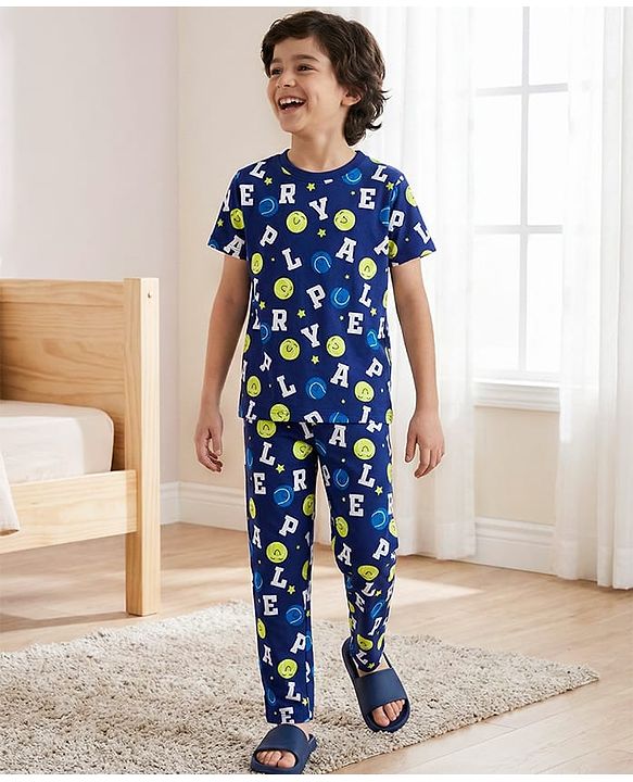 Pine Kids Single Jersey Knit Half Sleeves T-Shirt & Pajama Night Suit With Alphabet Print - Blue