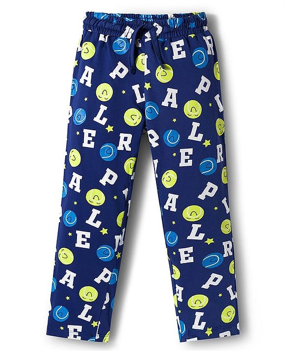Pine Kids Single Jersey Knit Half Sleeves T-Shirt & Pajama Night Suit With Alphabet Print - Blue