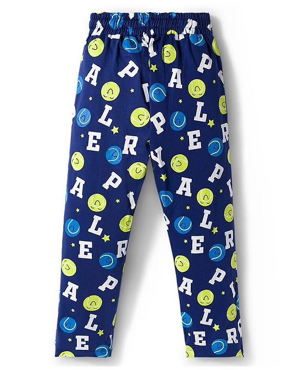 Pine Kids Single Jersey Knit Half Sleeves T-Shirt & Pajama Night Suit With Alphabet Print - Blue