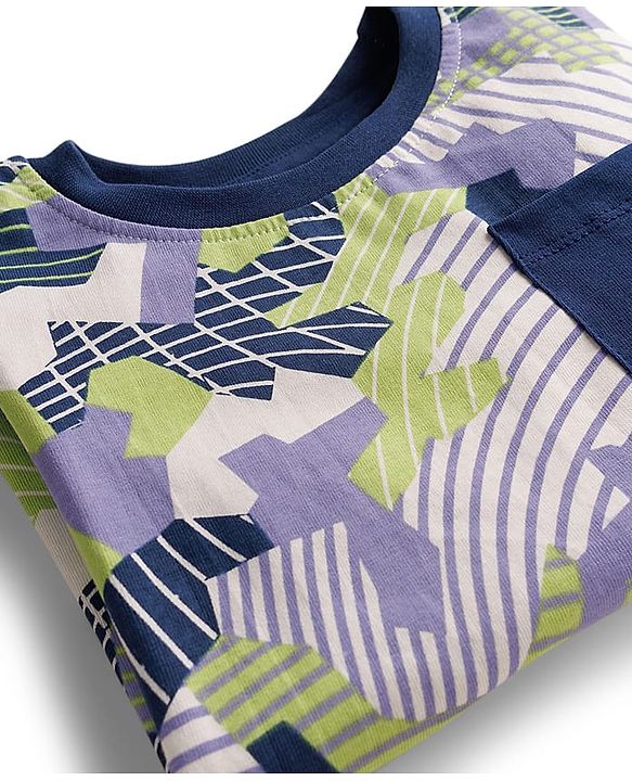 Pine Kids Single Jersey Knit Half Sleeves Co-ords Printed Night Suit - White & Blue