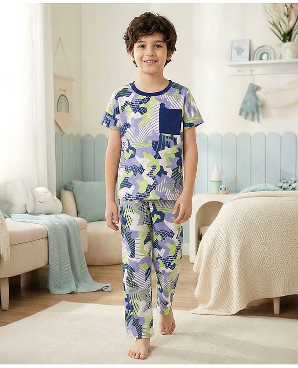 Pine Kids Single Jersey Knit Half Sleeves Co-ords Printed Night Suit - White & Blue
