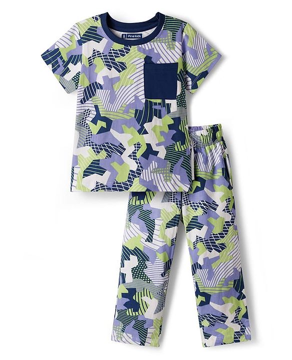 Pine Kids Single Jersey Knit Half Sleeves Co-ords Printed Night Suit - White & Blue