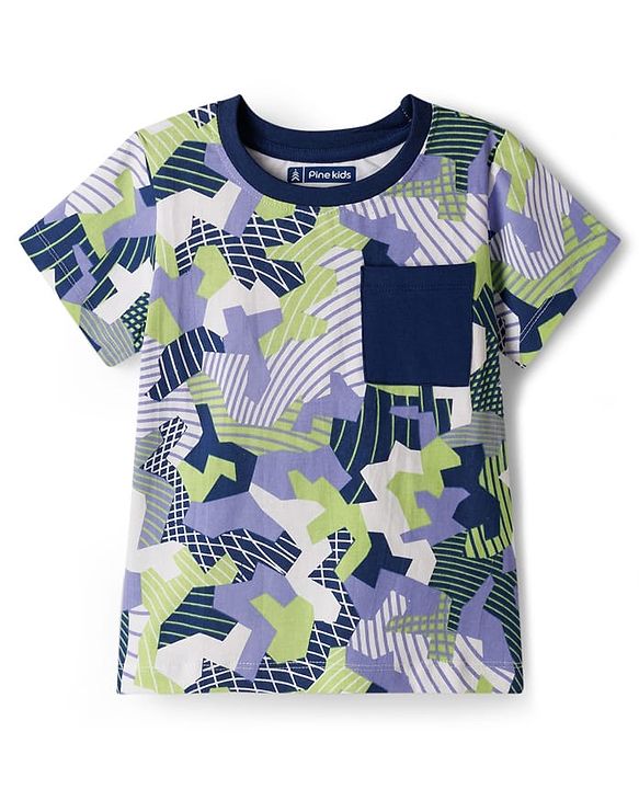 Pine Kids Single Jersey Knit Half Sleeves Co-ords Printed Night Suit - White & Blue