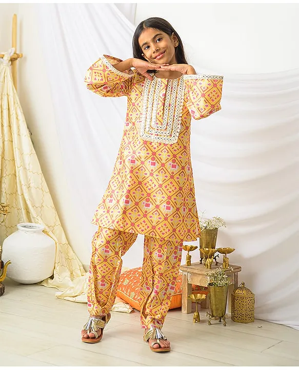 Fairies Forever Cotton Woven Full Sleeves Abstract Printed Mirror Work Embellished Kurti & Salwar Set - Yellow - Girls