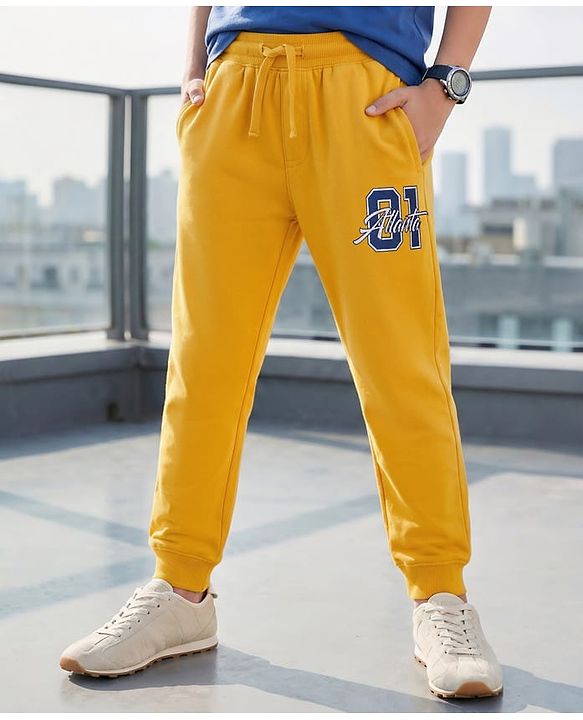 Pine Kids Knit Full Length Lounge Pant with Text Print - Yellow