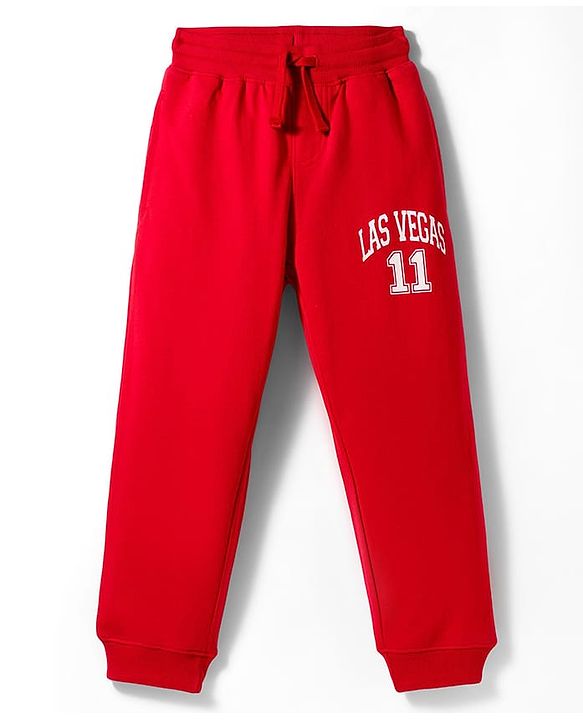 Pine Kids Knit Full Length Lounge Pant with Text Print - Red