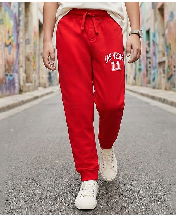 Pine Kids Knit Full Length Lounge Pant with Text Print - Red