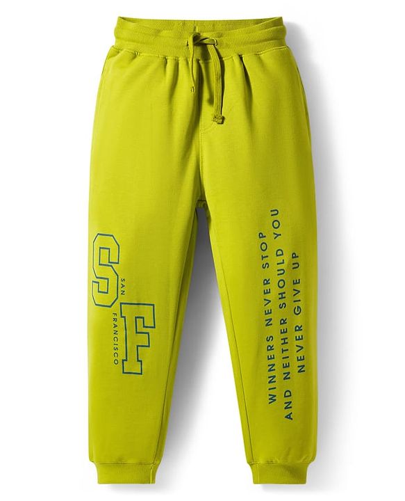 Pine Kids Knit Full Length Lounge Pant with Text Print - Olive Green