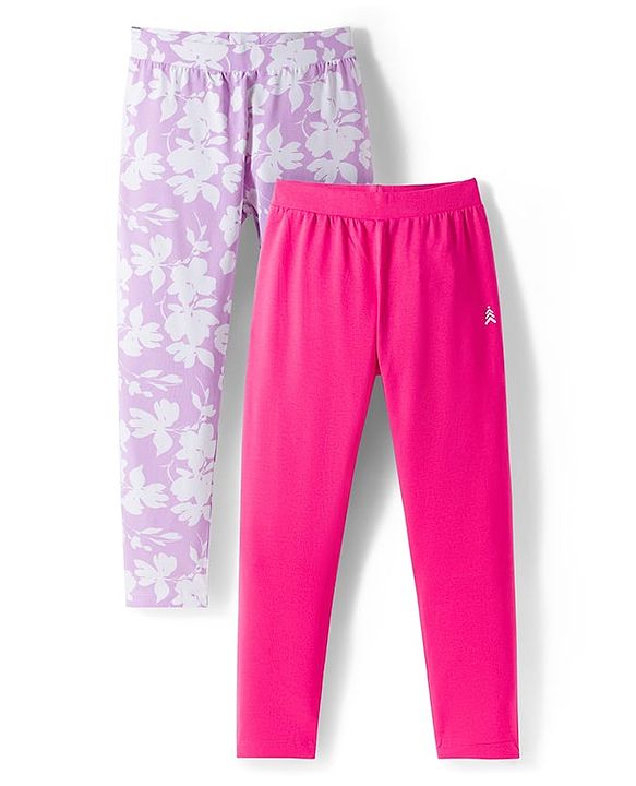 Pine Kids Cotton Lycra Knit Full Length Leggings with Floral Print Pack of 2 - Pink & Lavender