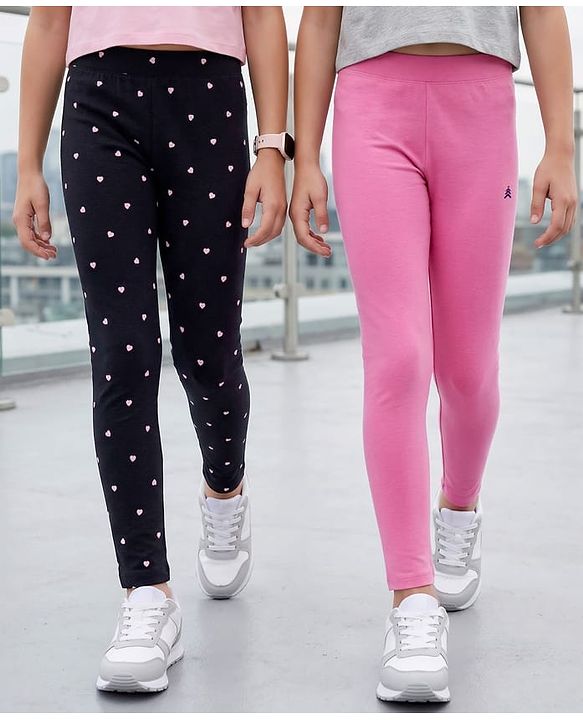 Pine Kids Cotton Lycra Knit Full Length Leggings With Heart Print Pack Of 2 - Pink & Black