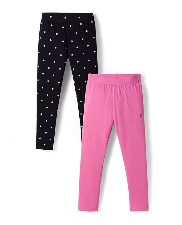 Pine Kids Cotton Lycra Knit Full Length Leggings With Heart Print Pack Of 2 - Pink & Black