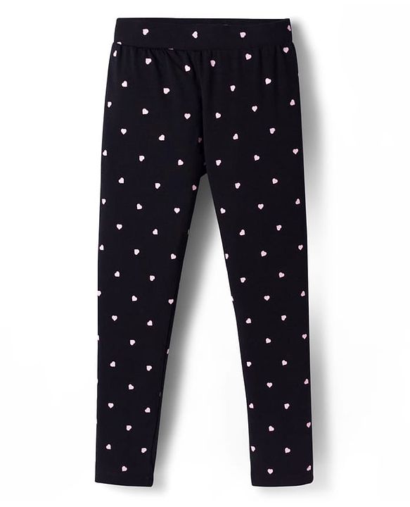 Pine Kids Cotton Lycra Knit Full Length Leggings With Heart Print Pack Of 2 - Pink & Black