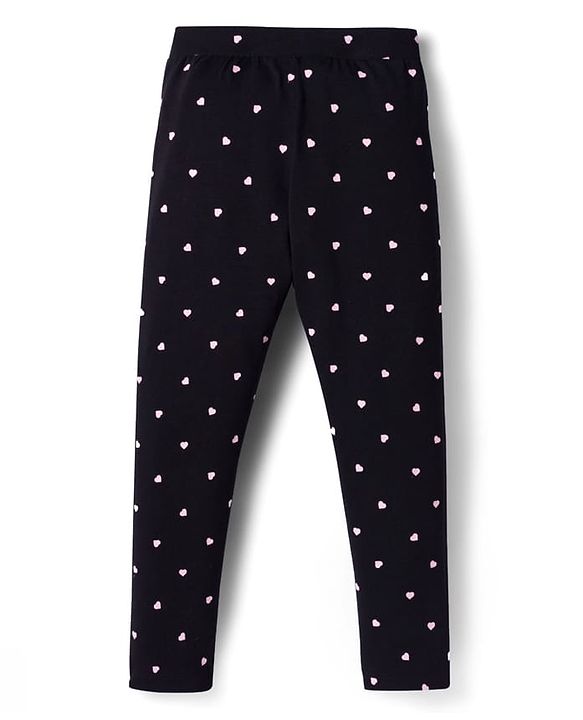 Pine Kids Cotton Lycra Knit Full Length Leggings With Heart Print Pack Of 2 - Pink & Black
