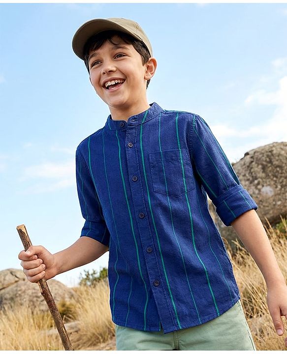 Pine Kids 100% Cotton Woven Full Sleeves Mandarin Collar Striped Shirt - Navy Blue