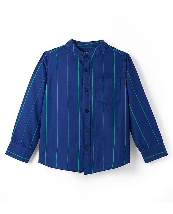 Pine Kids 100% Cotton Woven Full Sleeves Mandarin Collar Striped Shirt - Navy Blue