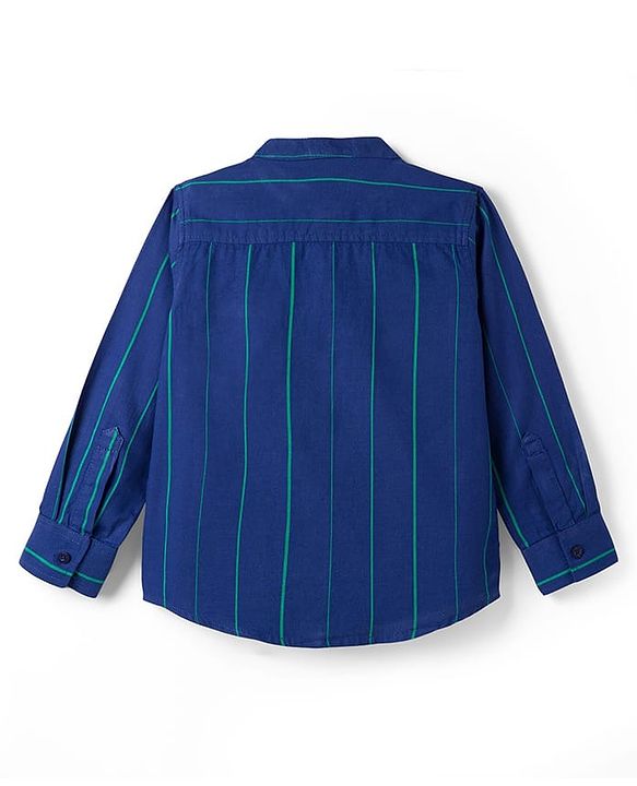 Pine Kids 100% Cotton Woven Full Sleeves Mandarin Collar Striped Shirt - Navy Blue