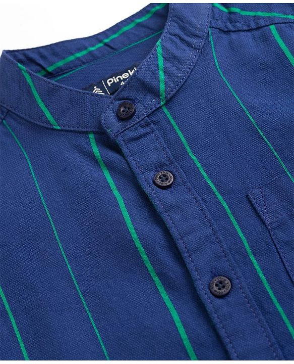 Pine Kids 100% Cotton Woven Full Sleeves Mandarin Collar Striped Shirt - Navy Blue