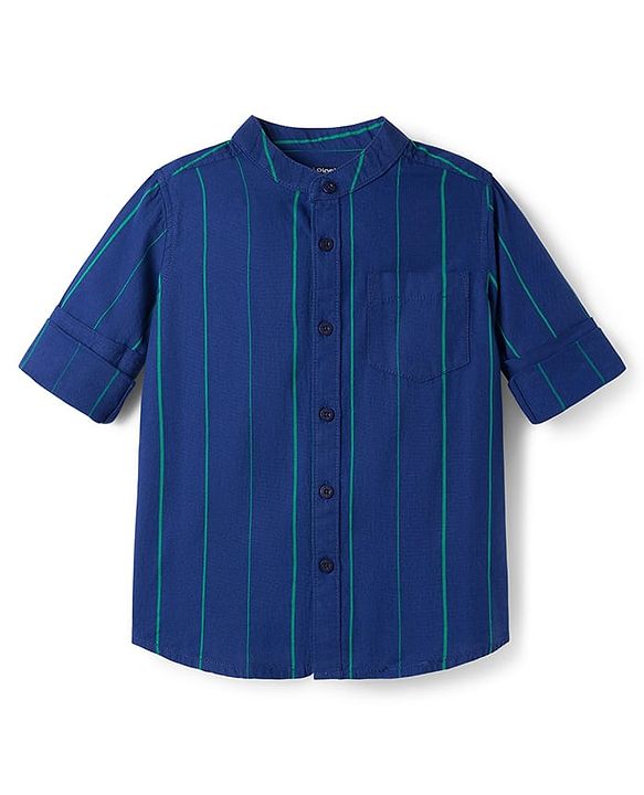 Pine Kids 100% Cotton Woven Full Sleeves Mandarin Collar Striped Shirt - Navy Blue