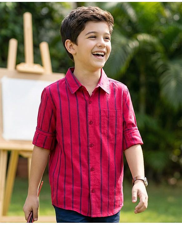 Pine Kids 100% Cotton Woven Full Sleeves Striped Shirt - Red