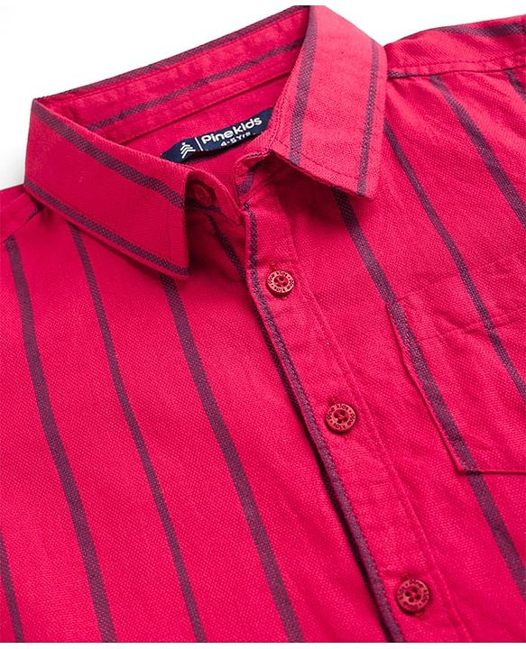 Pine Kids 100% Cotton Woven Full Sleeves Striped Shirt - Red