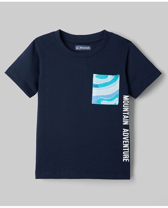 Pine Kids Single Jersey Knit Half Sleeves T-Shirt & Pyjama Night Suit with Text & Marble Print -  Navy Blue