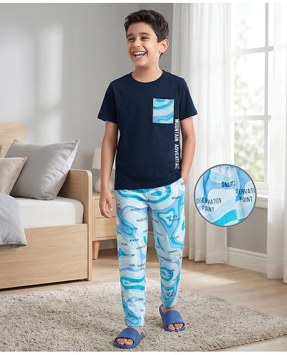 Pine Kids Single Jersey Knit Half Sleeves T-Shirt & Pyjama Night Suit with Text & Marble Print -  Navy Blue