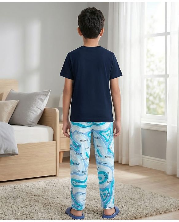 Pine Kids Single Jersey Knit Half Sleeves T-Shirt & Pyjama Night Suit with Text & Marble Print -  Navy Blue