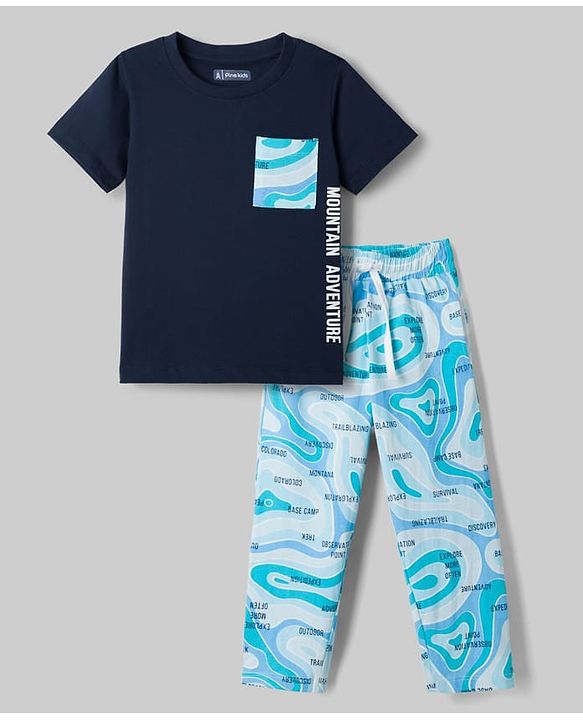 Pine Kids Single Jersey Knit Half Sleeves T-Shirt & Pyjama Night Suit with Text & Marble Print -  Navy Blue