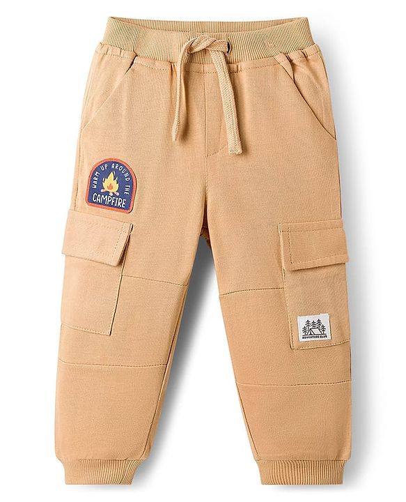 Babyhug Cotton Knit Full Length Lounge Pant with Patch Detailing - Cream