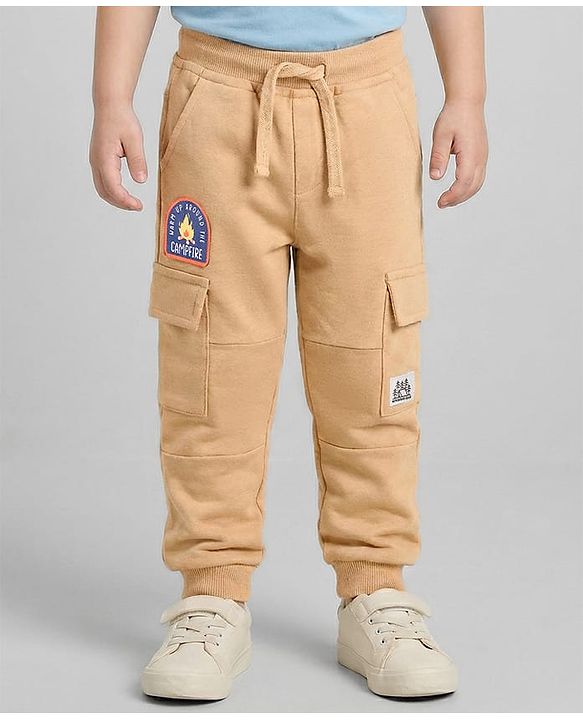 Babyhug Cotton Knit Full Length Lounge Pant with Patch Detailing - Cream