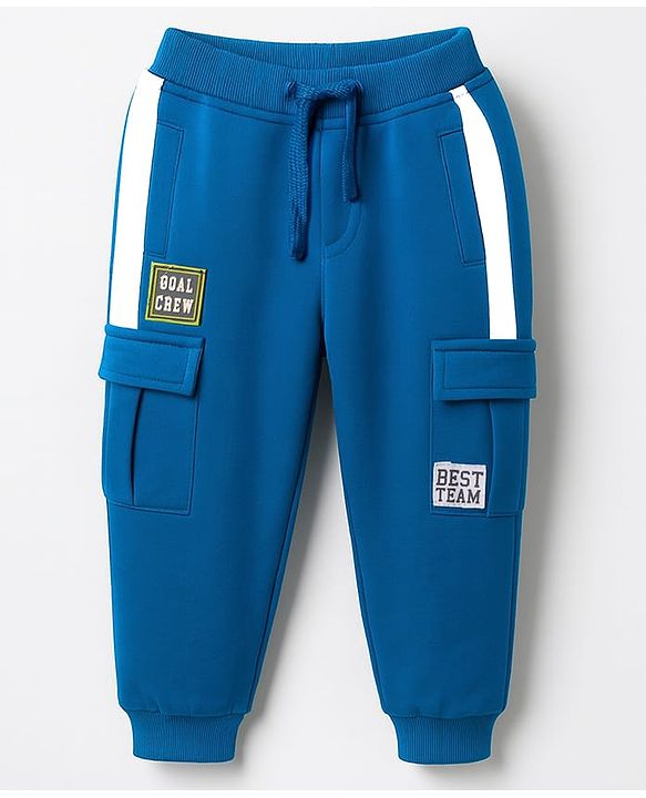 Babyhug Looper Knit Full Length Lounge Pant With Text Badge - Blue