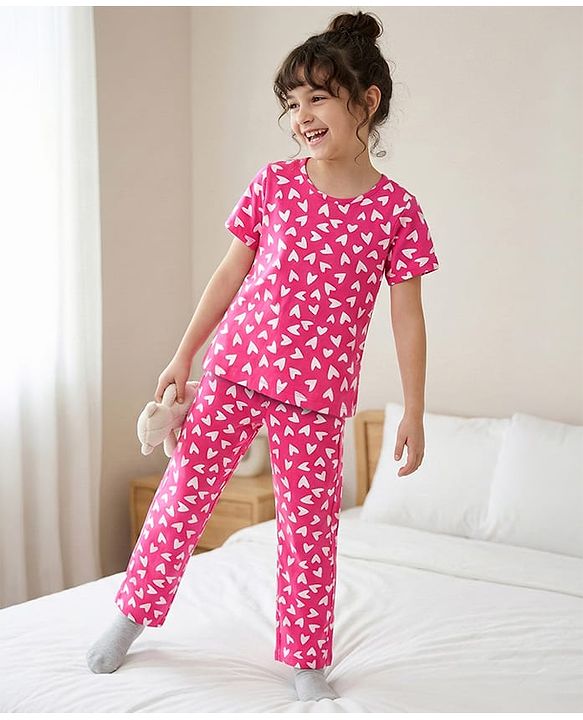 Pine Kids  Single Jersey Knit Half Sleeves Co-ords Night Suit with Heart Print - Pink