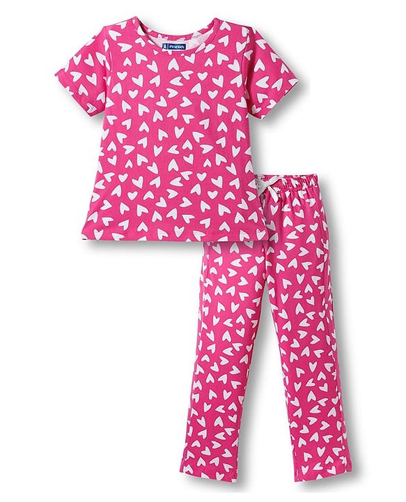 Pine Kids  Single Jersey Knit Half Sleeves Co-ords Night Suit with Heart Print - Pink
