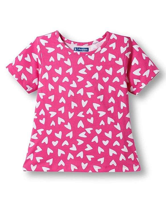 Pine Kids  Single Jersey Knit Half Sleeves Co-ords Night Suit with Heart Print - Pink