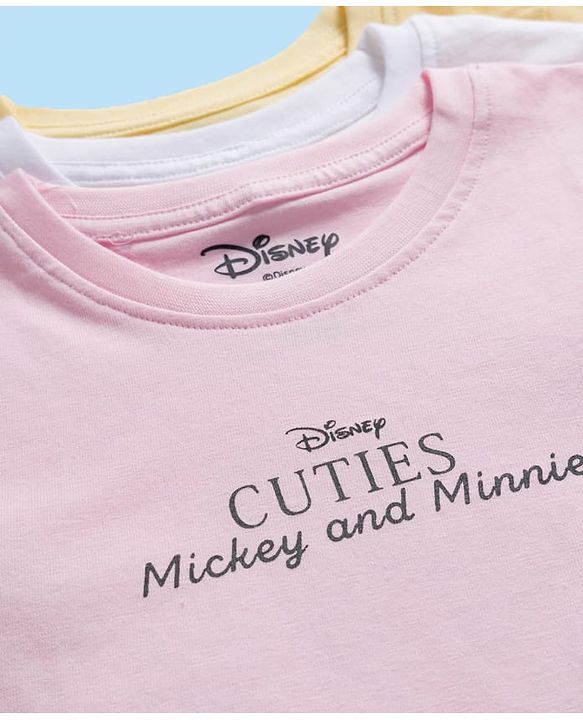 Babyhug Disney Single Jersey Knit Half Sleeves T-Shirts with Minnie & Friends Graphic Pack of 3 - Yellow White & Pink