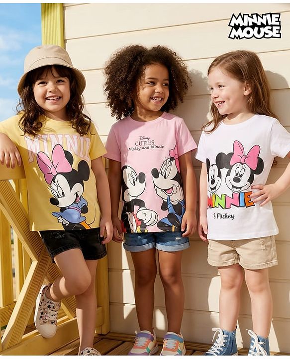 Babyhug Disney Single Jersey Knit Half Sleeves T-Shirts with Minnie & Friends Graphic Pack of 3 - Yellow White & Pink