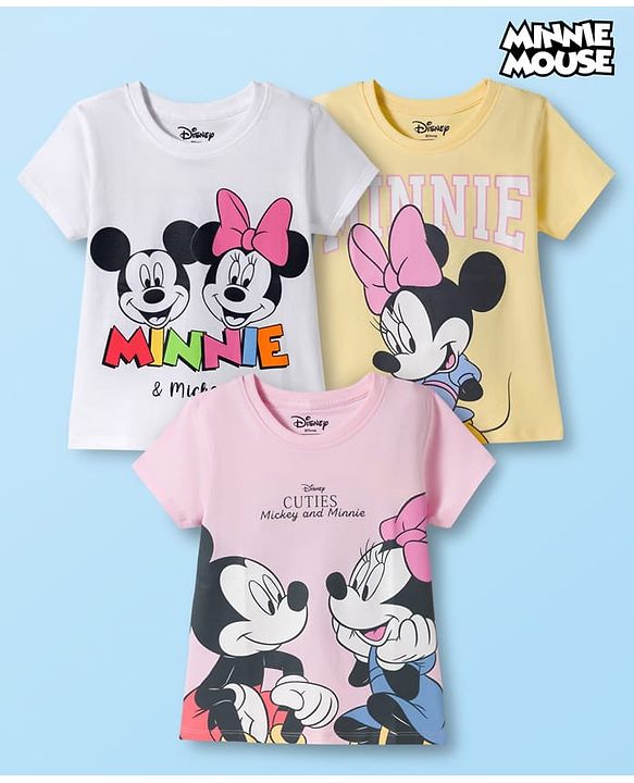 Babyhug Disney Single Jersey Knit Half Sleeves T-Shirts with Minnie & Friends Graphic Pack of 3 - Yellow White & Pink