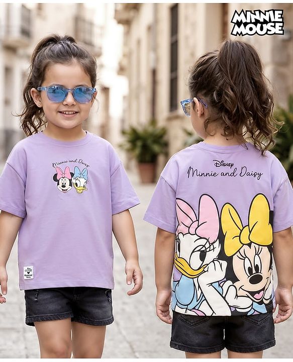 Babyhug Disney Single Jersey Knit Drop Shoulder Half Sleeves T-Shirt with Front & Back Minnie & Friends Graphic - Lavender