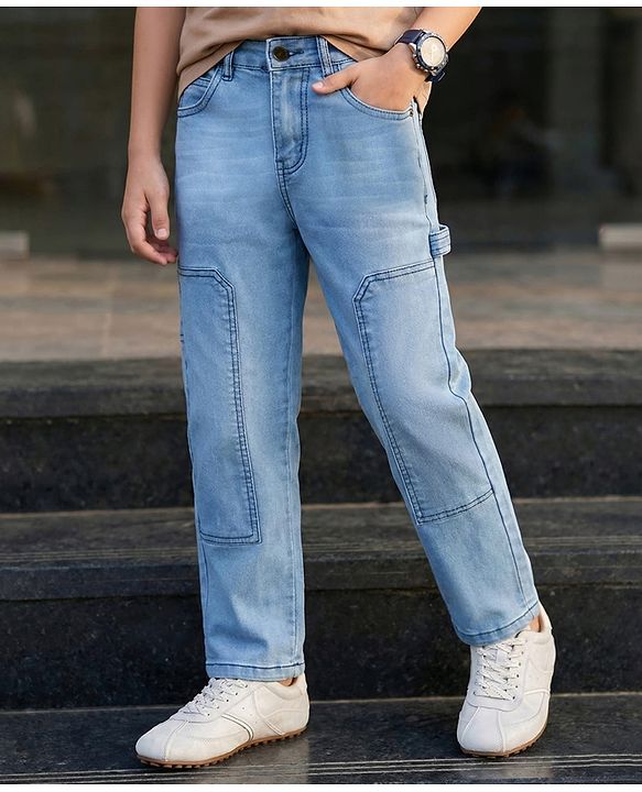 Pine Kids Denim Woven Full Length Washed Cut N Sew Jeans - Blue