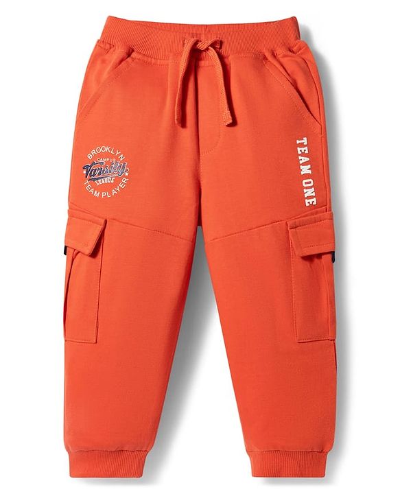 Babyhug Looper Knit Full Length Lounge Pant With Text Print - Red